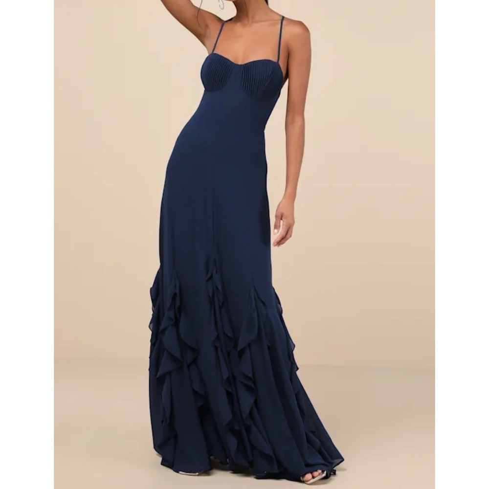 Lulus Priela Dark Navy Ruffled Lace-Up Maxi Dress Navy Blue NWT Size XS